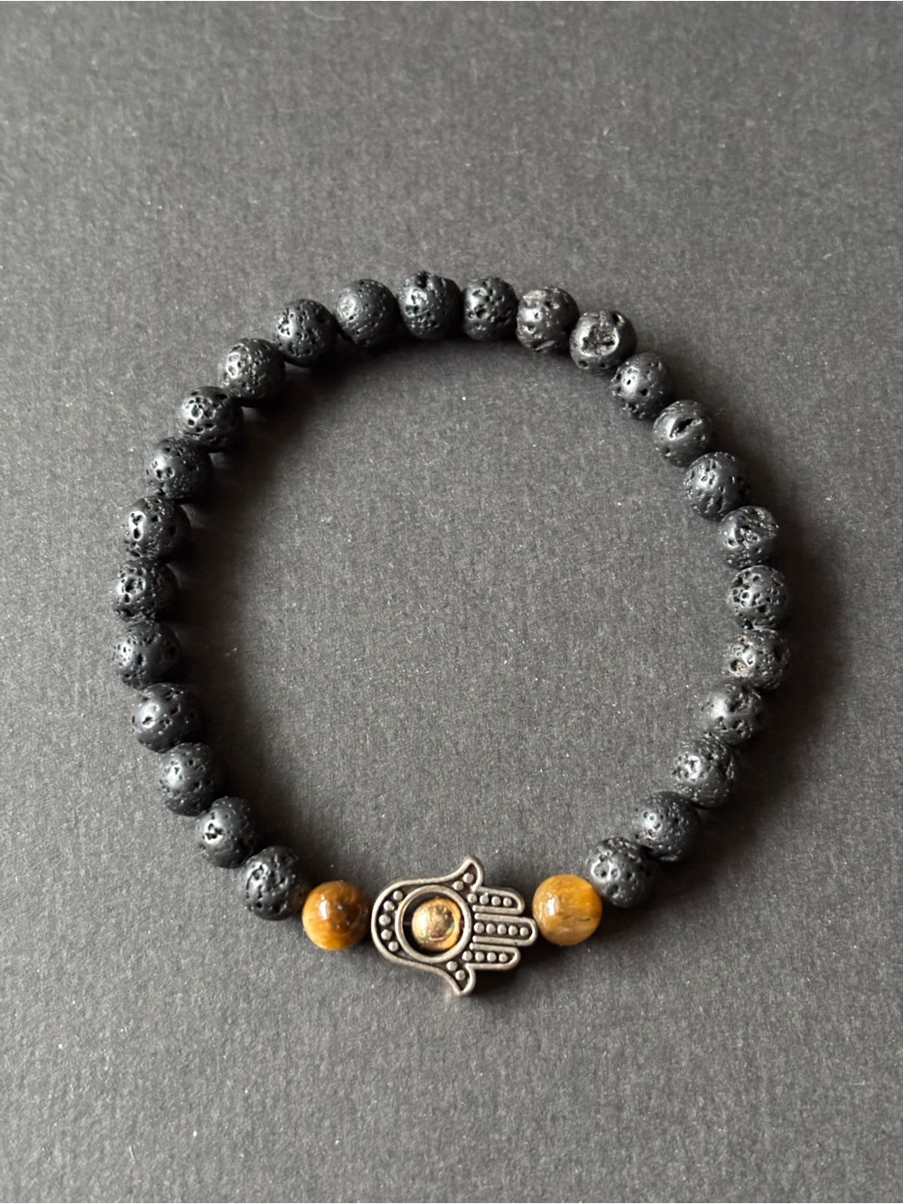 Black Lava & Tiger Eye Stone Hamsa Bracelet | Charm Stretch Beads